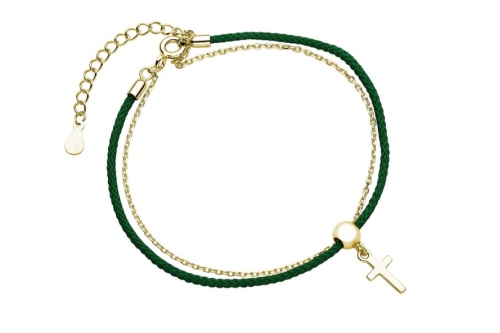 srebrna-bransoletka-925-pozlacana-z-ciemnozielonym-sznurkiem-i-krzyzykiem-Z1648BG