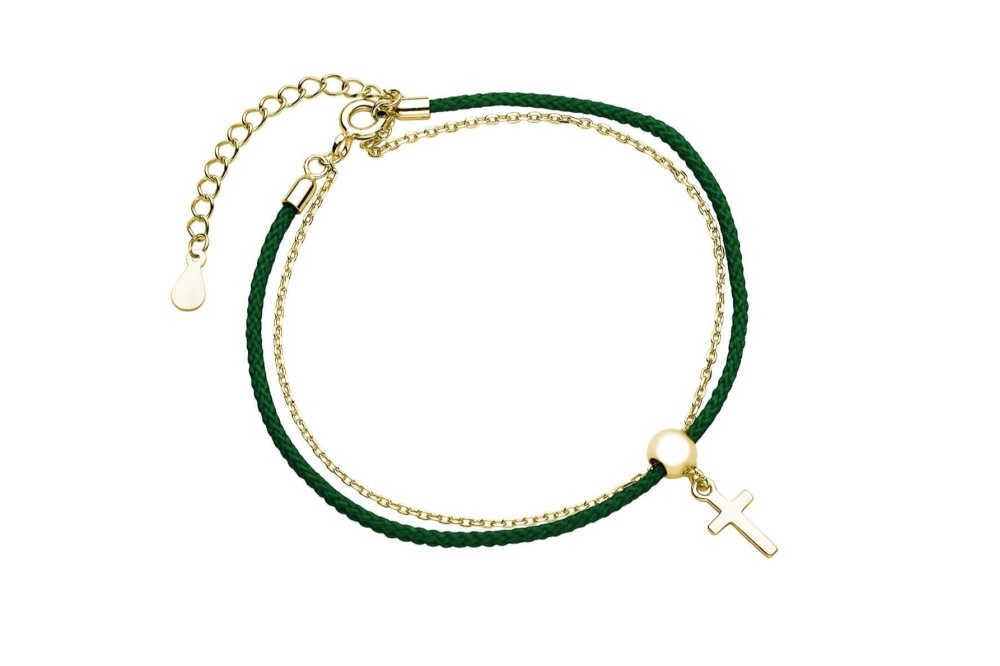 srebrna-bransoletka-925-pozlacana-z-ciemnozielonym-sznurkiem-i-krzyzykiem-Z1648BG